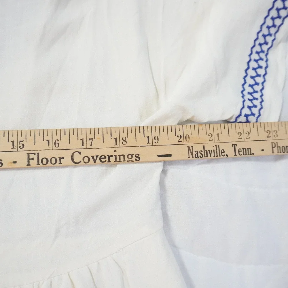 En Creme White Blue Embroidered V Neck Tiered Mini Dress S Resort‎ Beach Greek